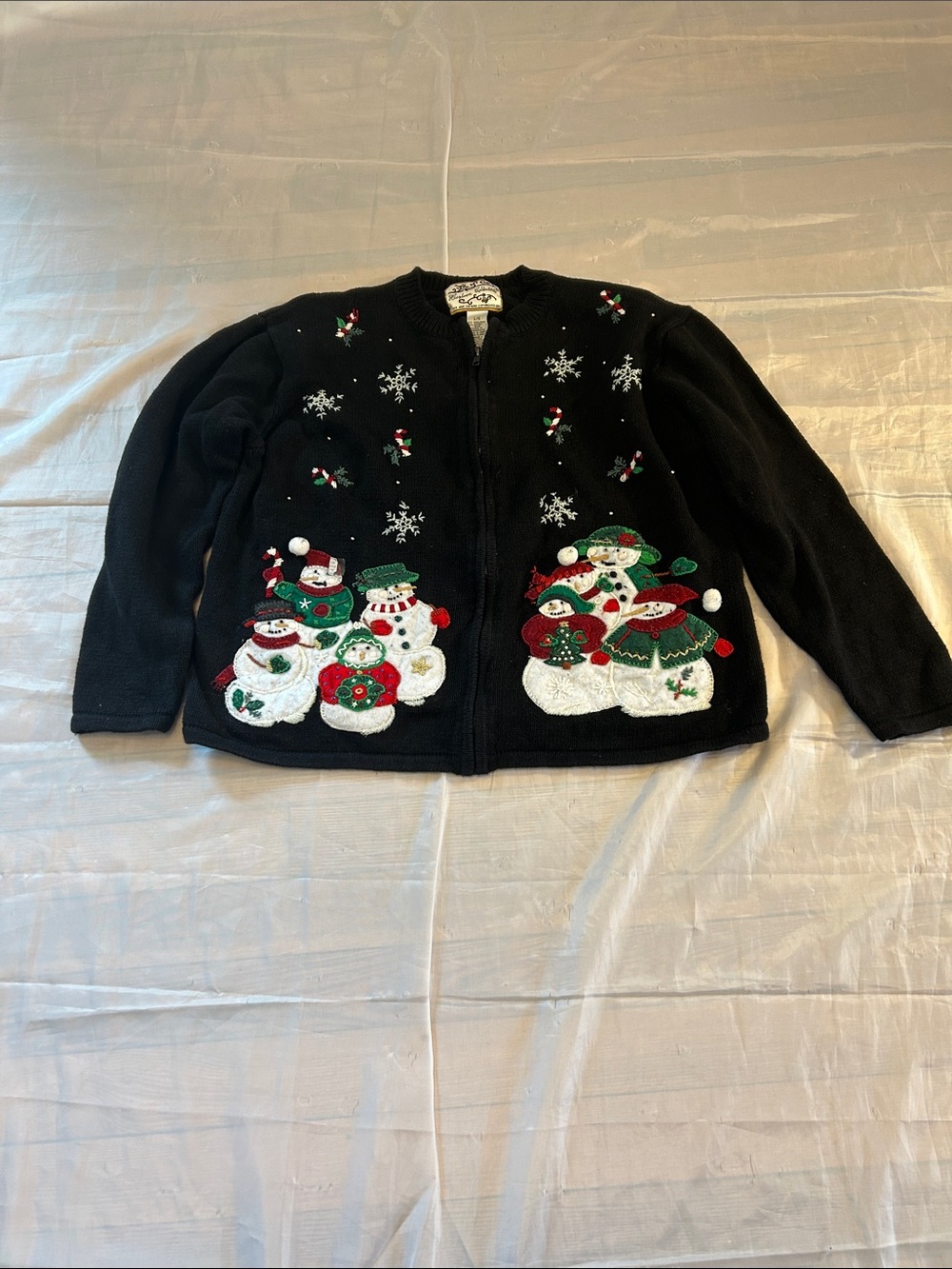 Vintage Black Holiday Snowman Zip Cardigan Sweater